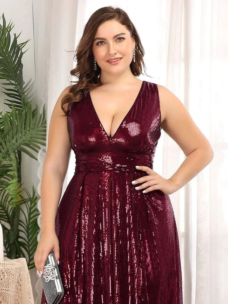 Double V Neck Maxi Long Plus Size Sequin Prom Dress for Women