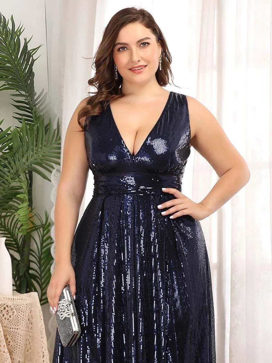 Double V Neck Maxi Long Plus Size Sequin Prom Dress for Women