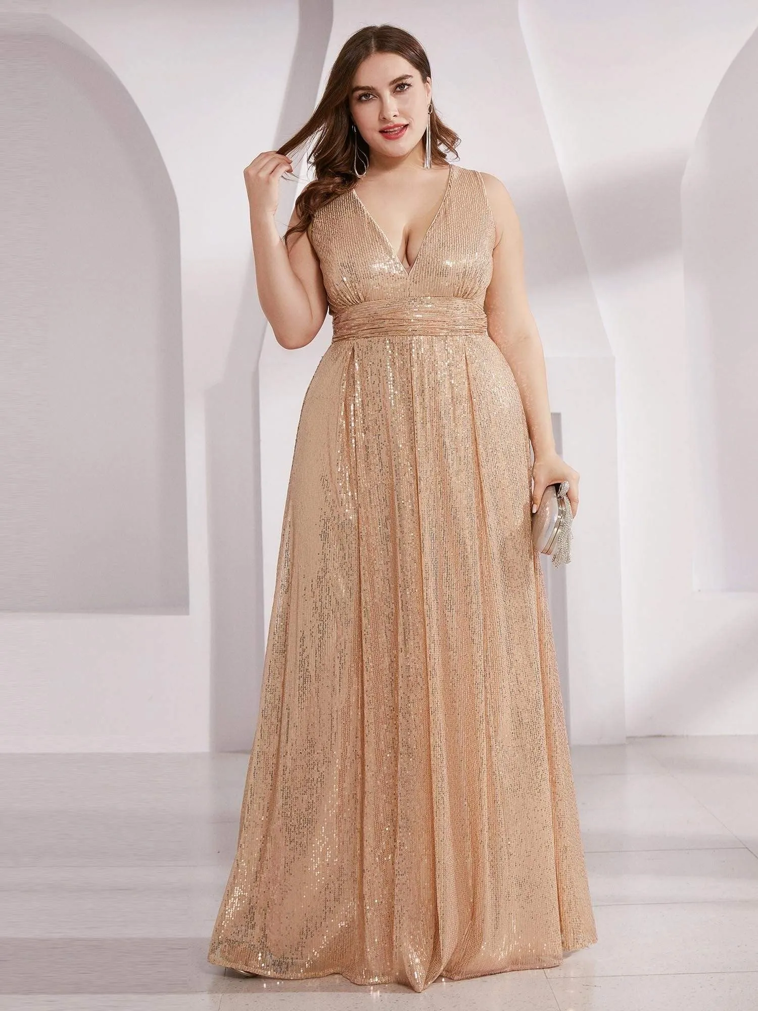 Double V Neck Maxi Long Plus Size Sequin Prom Dress for Women