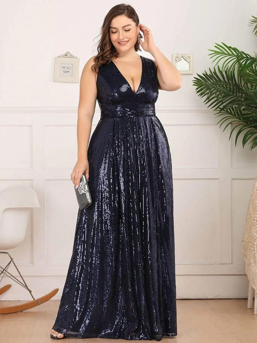 Double V Neck Maxi Long Plus Size Sequin Prom Dress for Women