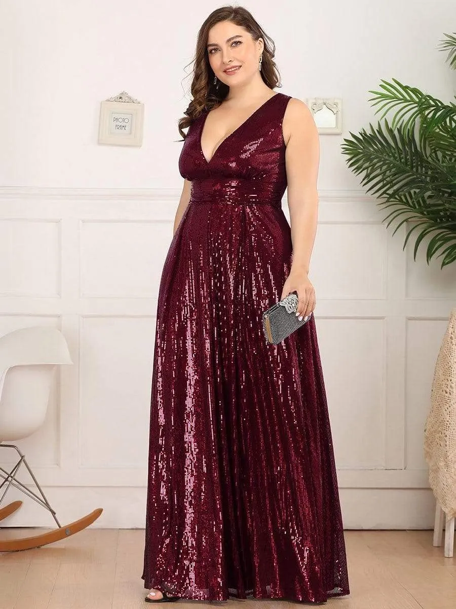 Double V Neck Maxi Long Plus Size Sequin Prom Dress for Women