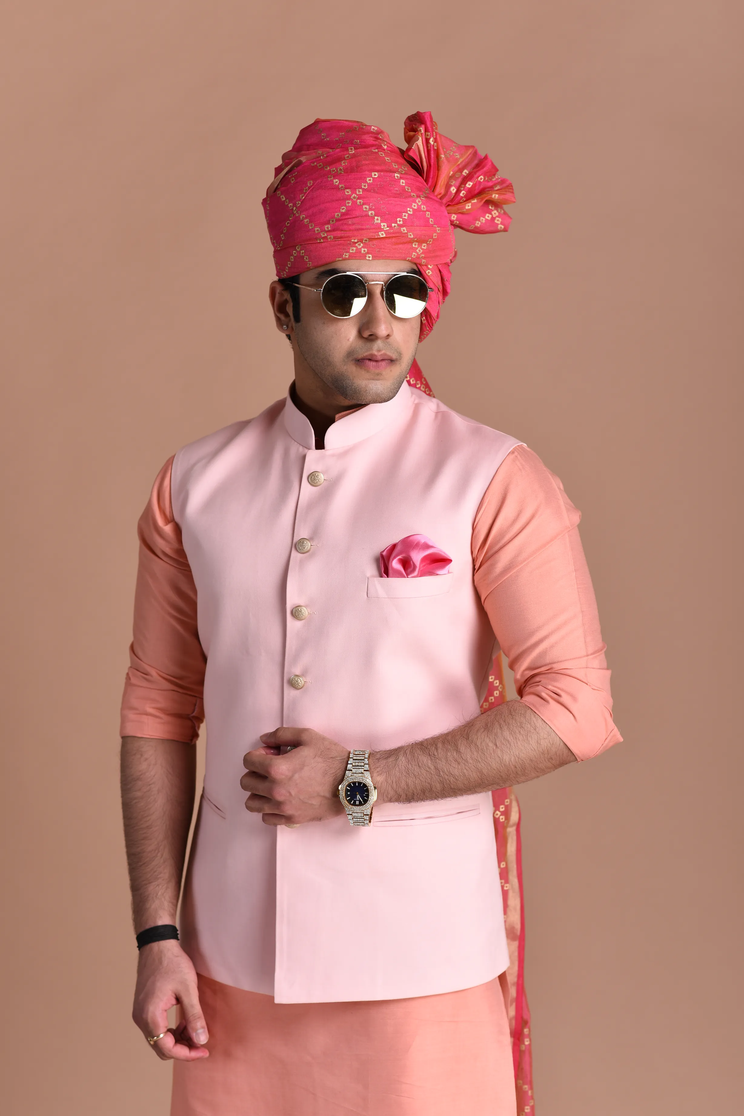 Elegant Pink Rajputana Style Nehru Jacket with Peach Silk Kurta Pajama Set| Terry Rayon | Perfect Traditional Functions Weddings | Father Son Combo