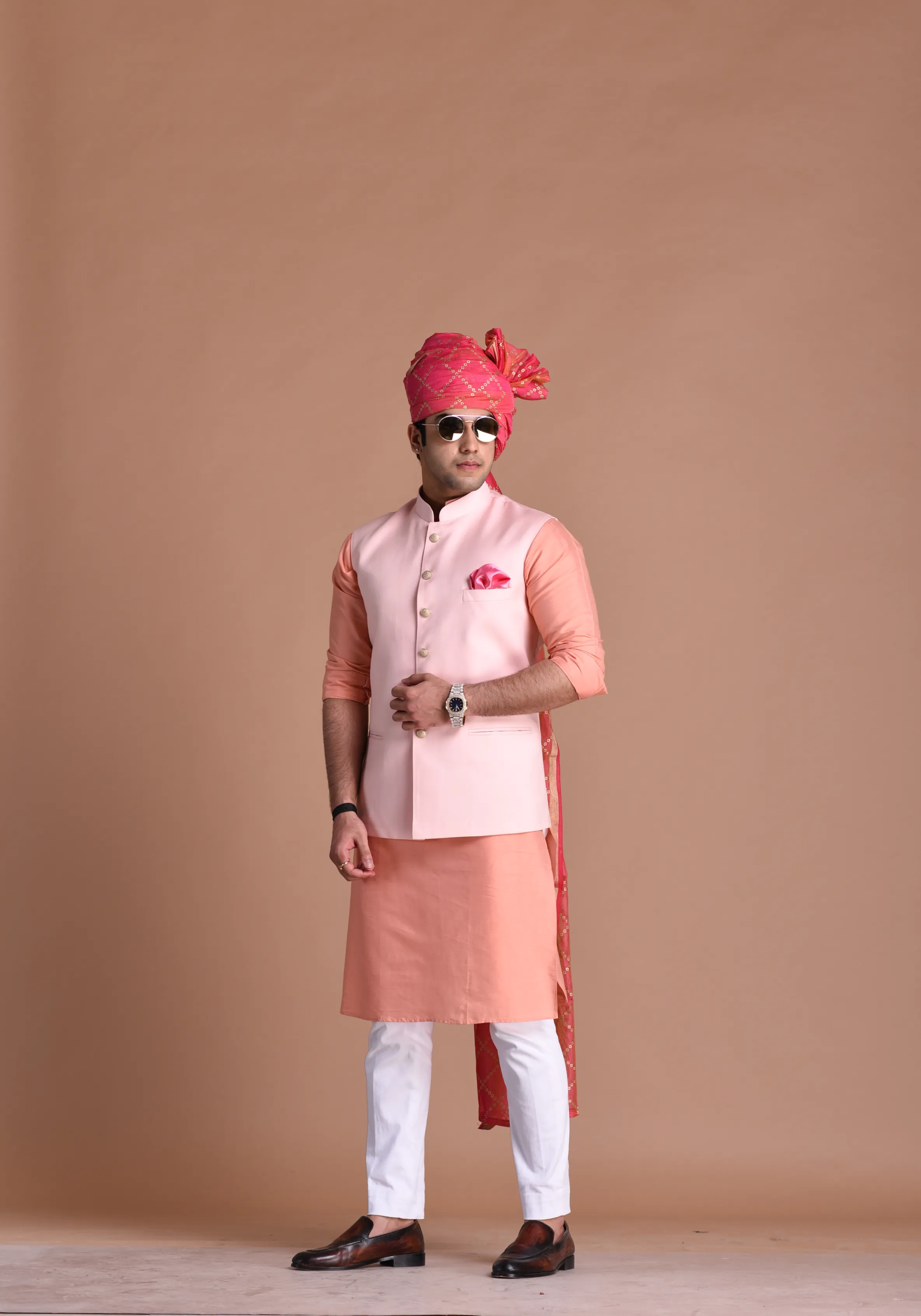 Elegant Pink Rajputana Style Nehru Jacket with Peach Silk Kurta Pajama Set| Terry Rayon | Perfect Traditional Functions Weddings | Father Son Combo