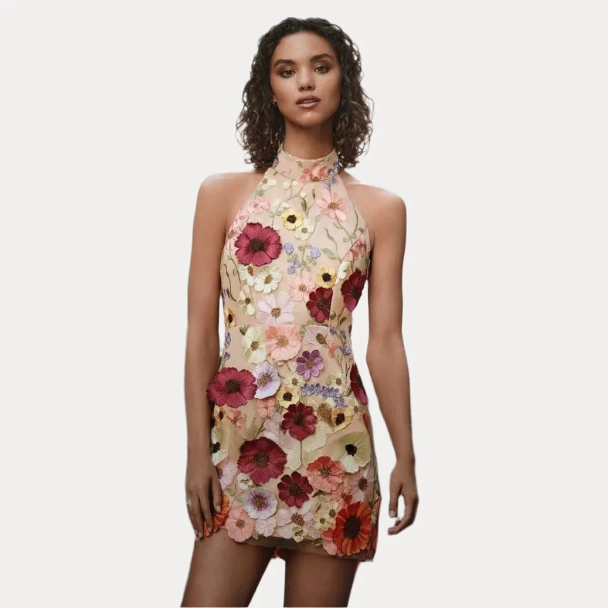 Embroidery three-dimensional flower slim dress