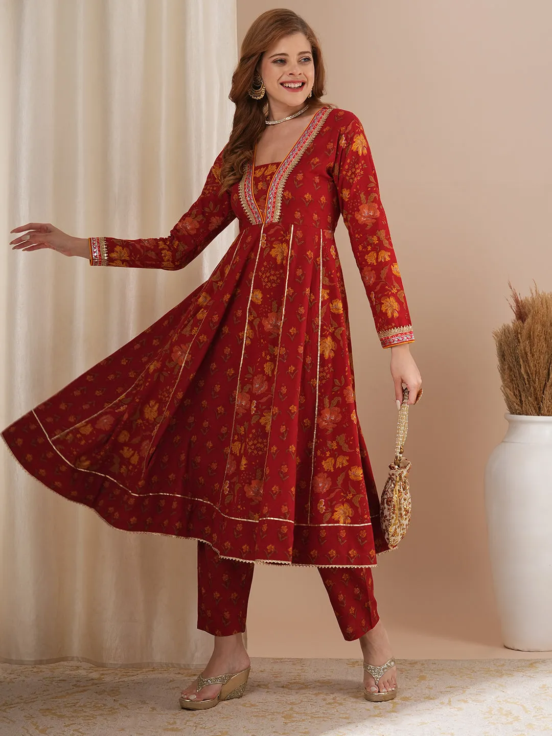 Ethnic Floral Printed & Embroidered Anarkali Kurta with Pant - Red