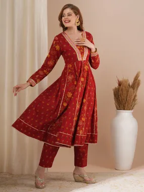 Ethnic Floral Printed & Embroidered Anarkali Kurta with Pant - Red