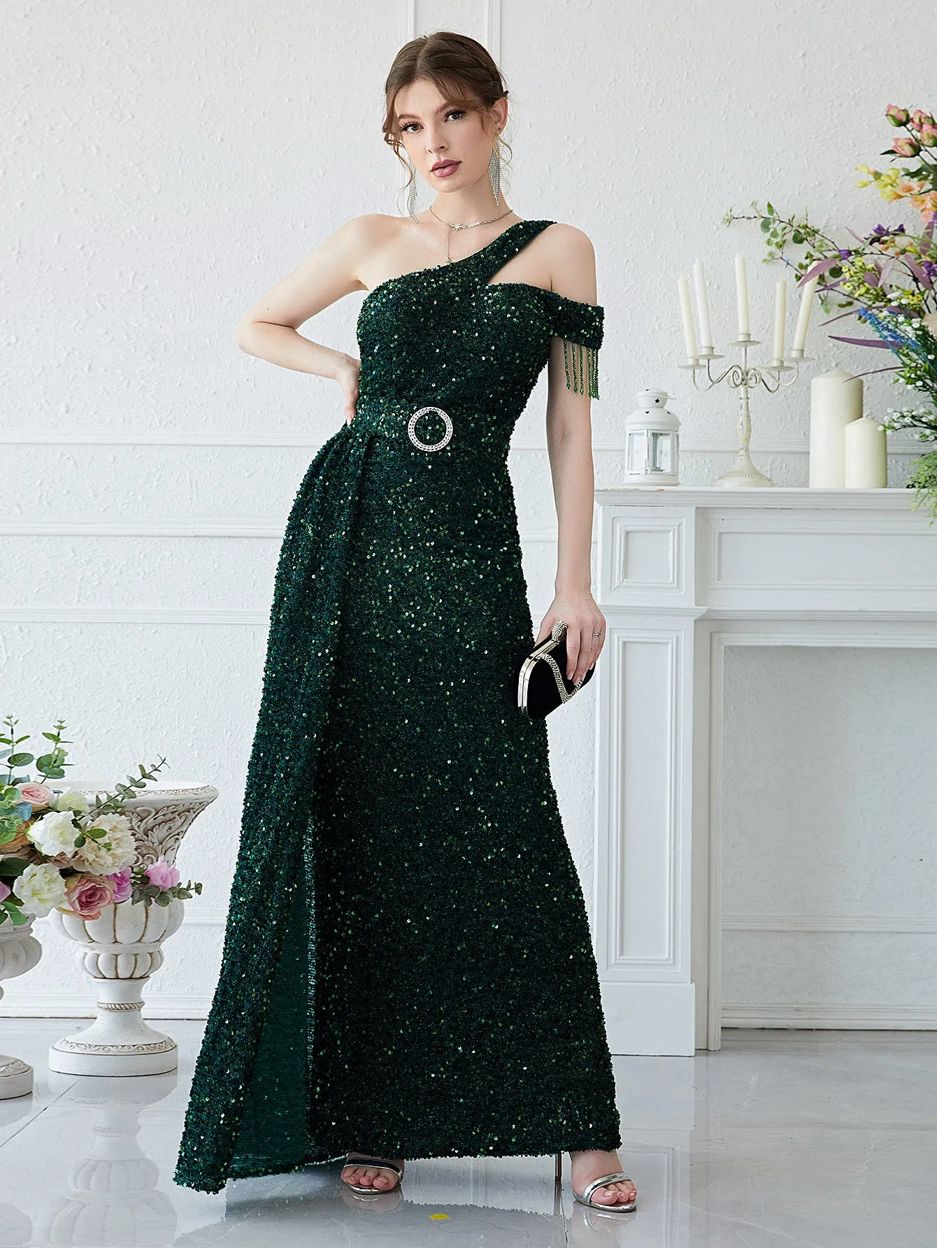 Ezra Sequin Off Shoulder Sleeveless Evening Dress