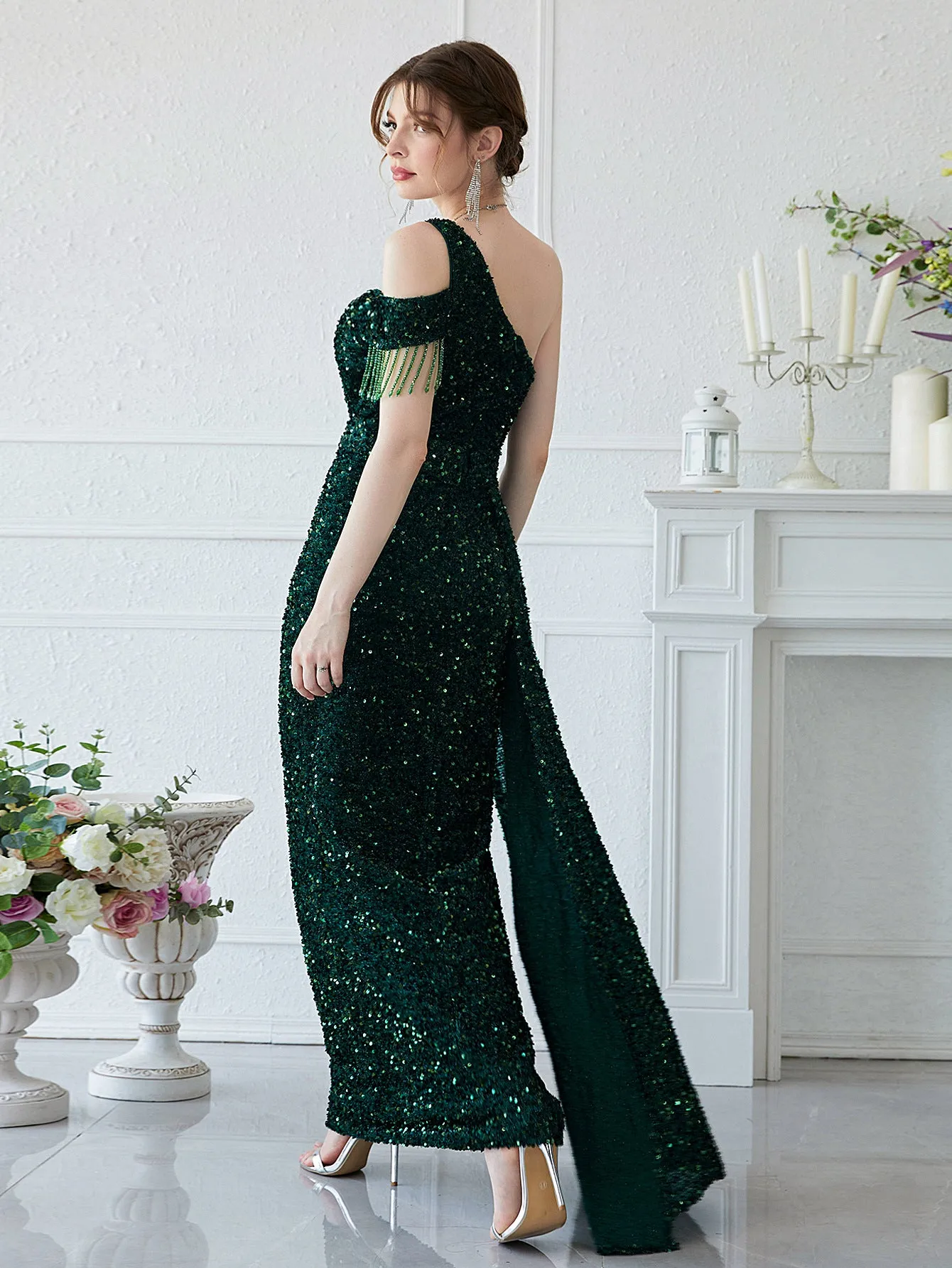 Ezra Sequin Off Shoulder Sleeveless Evening Dress