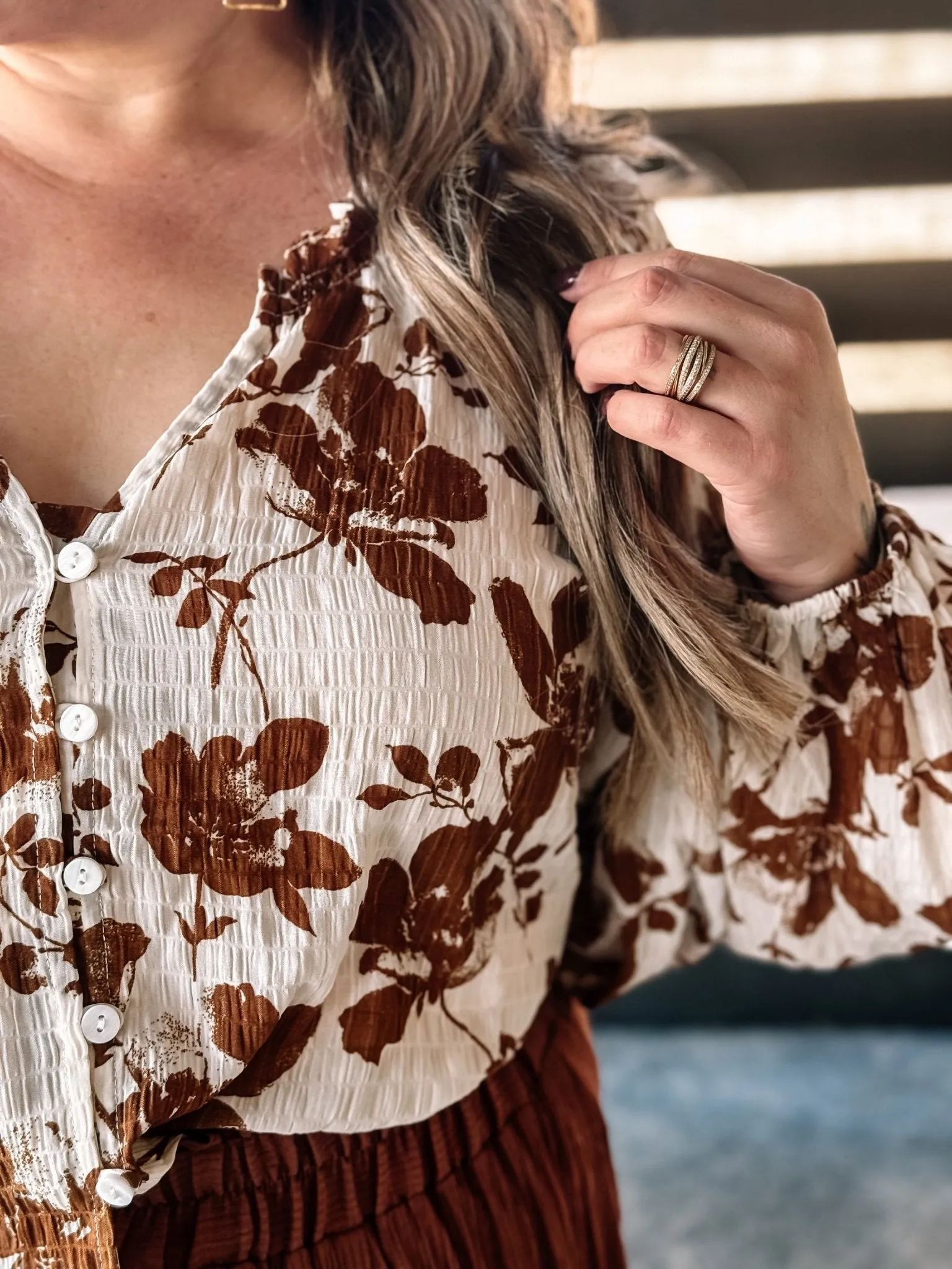 Falling Floral Western Boho Blouse, Brown