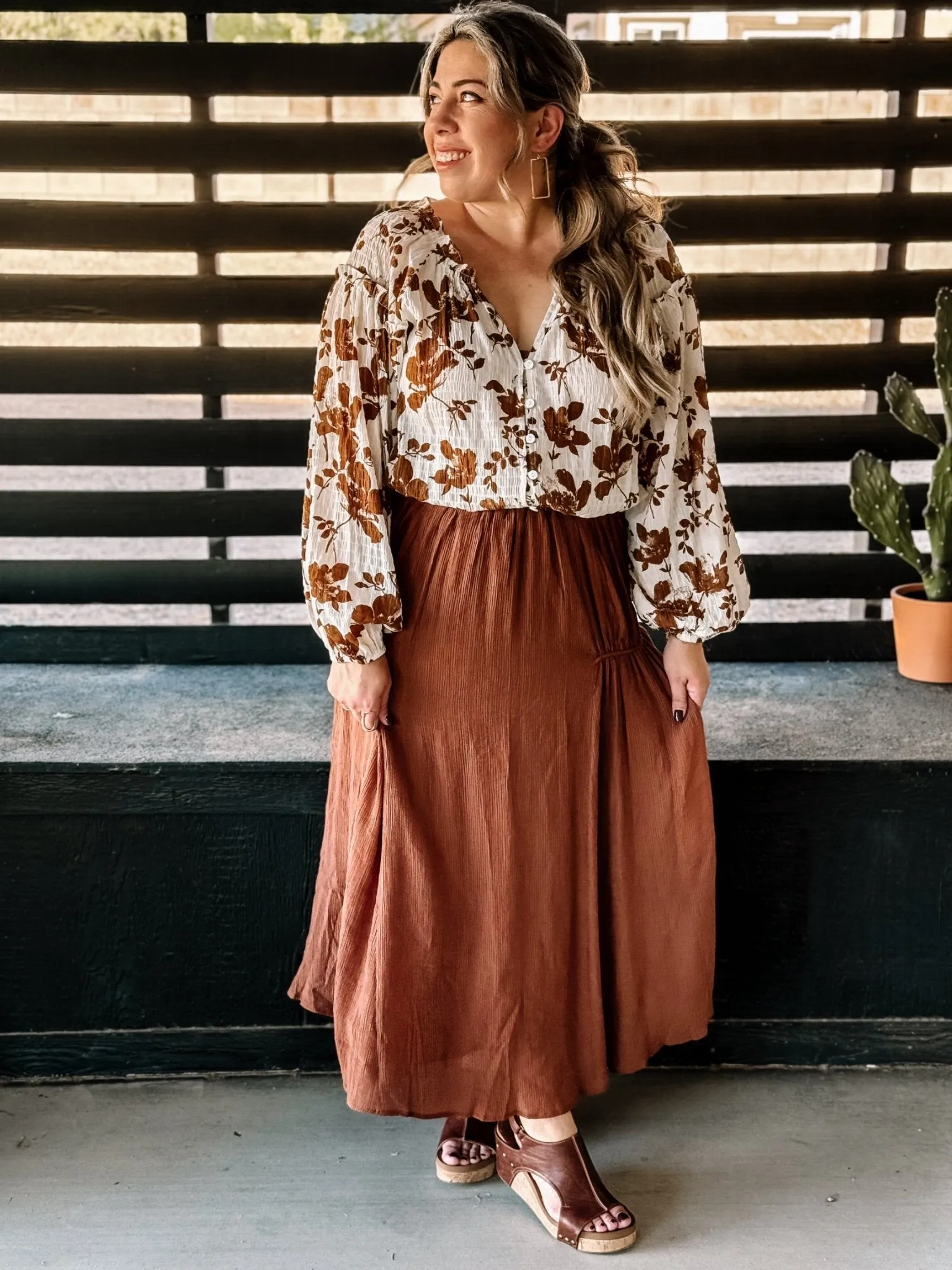 Falling Floral Western Boho Blouse, Brown