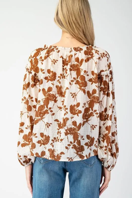 Falling Floral Western Boho Blouse, Brown