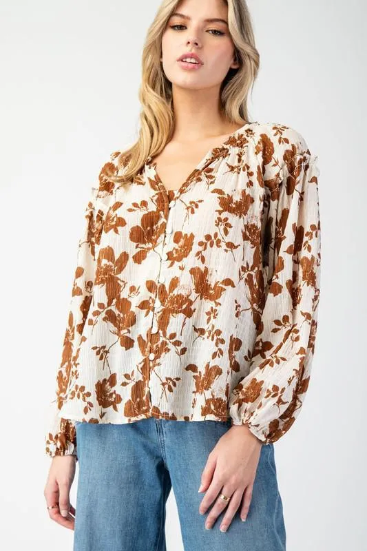 Falling Floral Western Boho Blouse, Brown