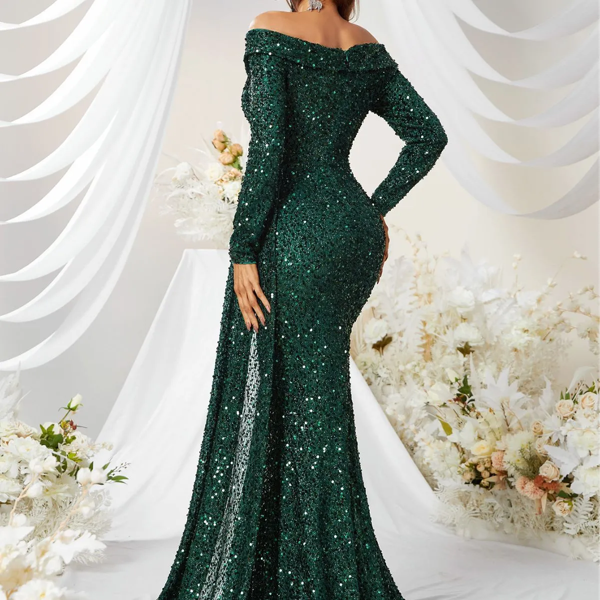 Fiona Sequined off Shoulder Long Sleeve Ball Gown