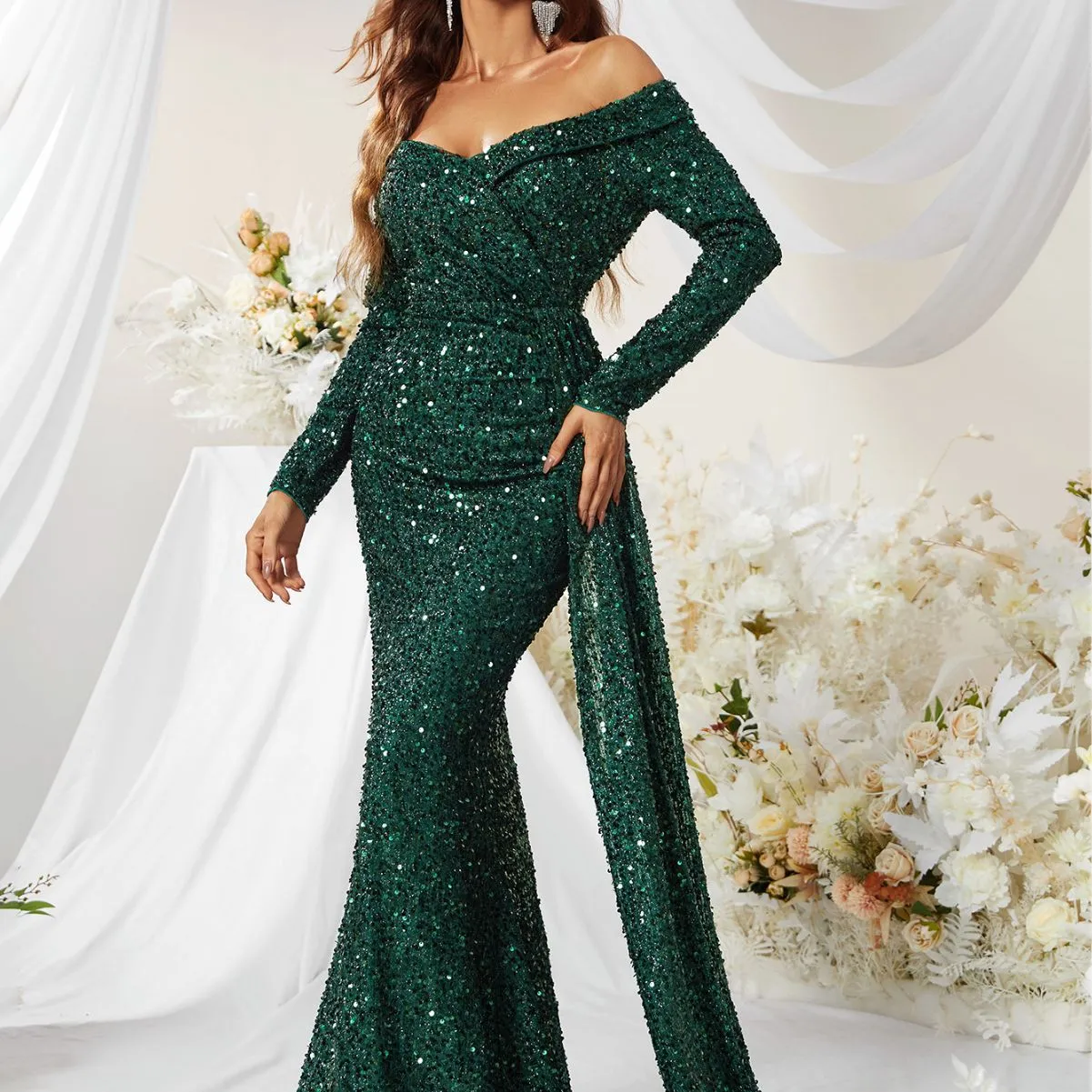 Fiona Sequined off Shoulder Long Sleeve Ball Gown