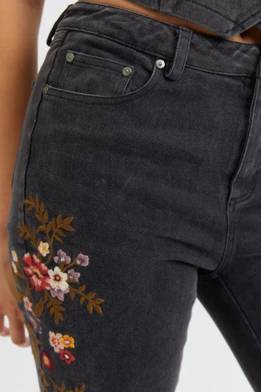 Floral Embroidered Denim Flare Pants