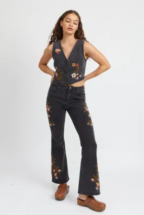 Floral Embroidered Denim Flare Pants