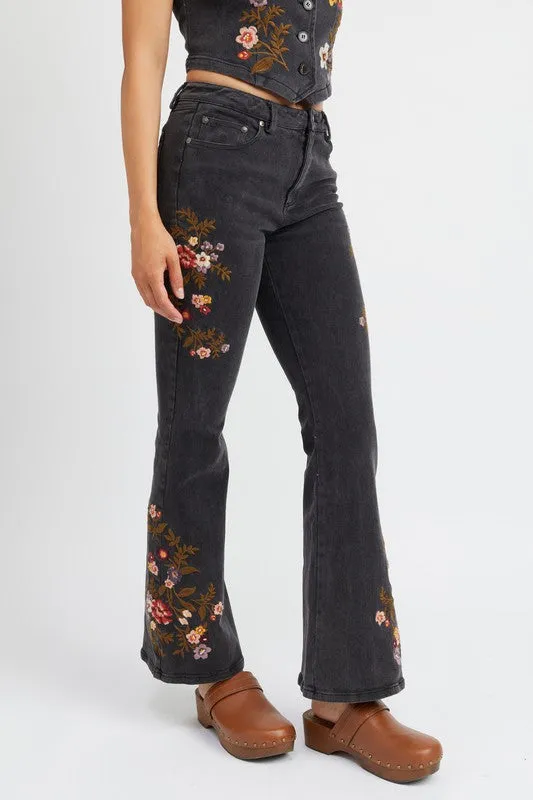 Floral Embroidered Denim Flare Pants