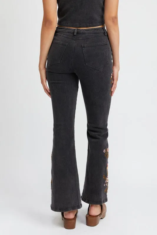 Floral Embroidered Denim Flare Pants