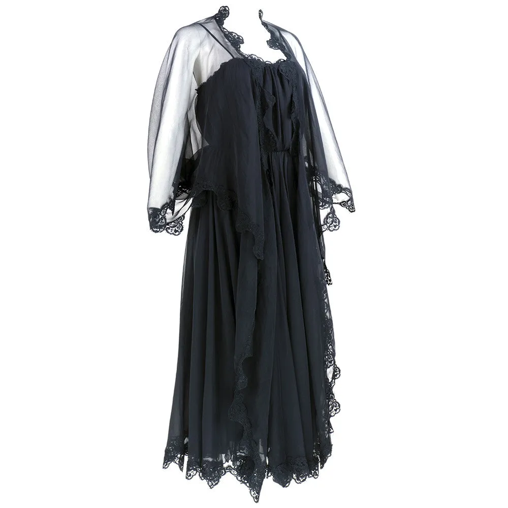 FRANK USHER 70s Black Chiffon Evening Dress