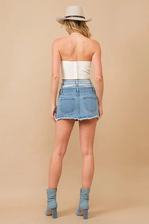 Frayed Hem Stretch Denim Mini Skirt LIGHT MED WASH