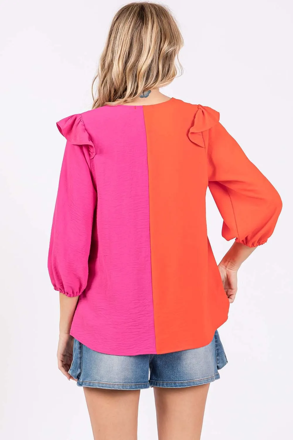 Full Size Ruffle Trim Contrast Blouse