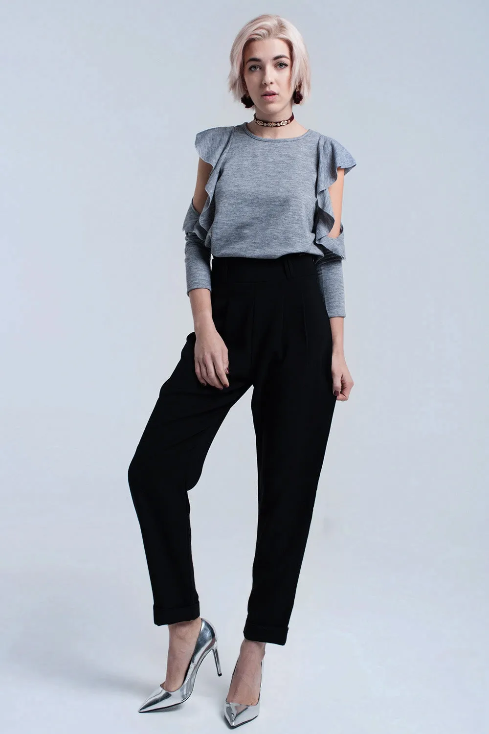 Gray top with ruffle and open detail