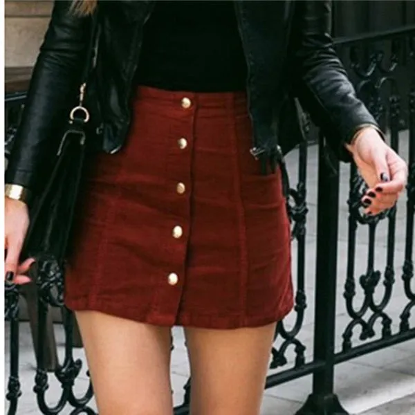 High Waist Button-up Suede Skirt