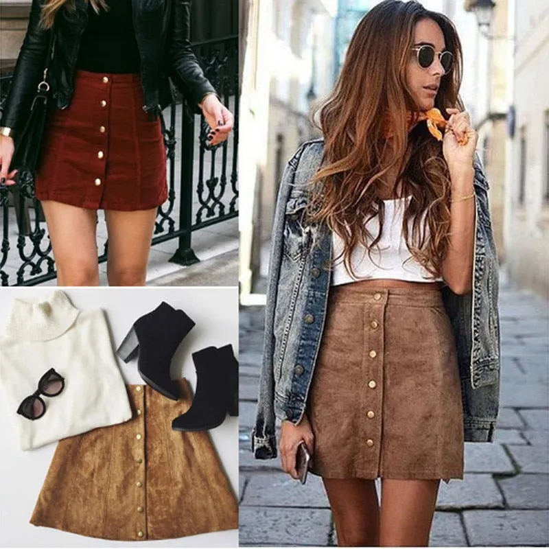 High Waist Button-up Suede Skirt