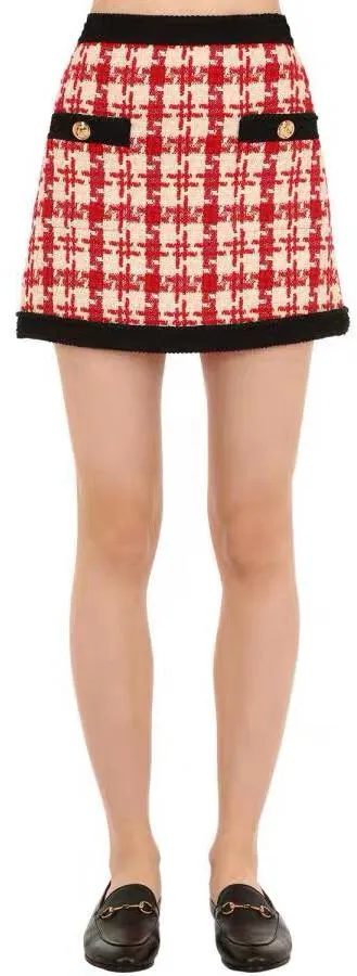 Houndstooth Print Mini Skirt, Red