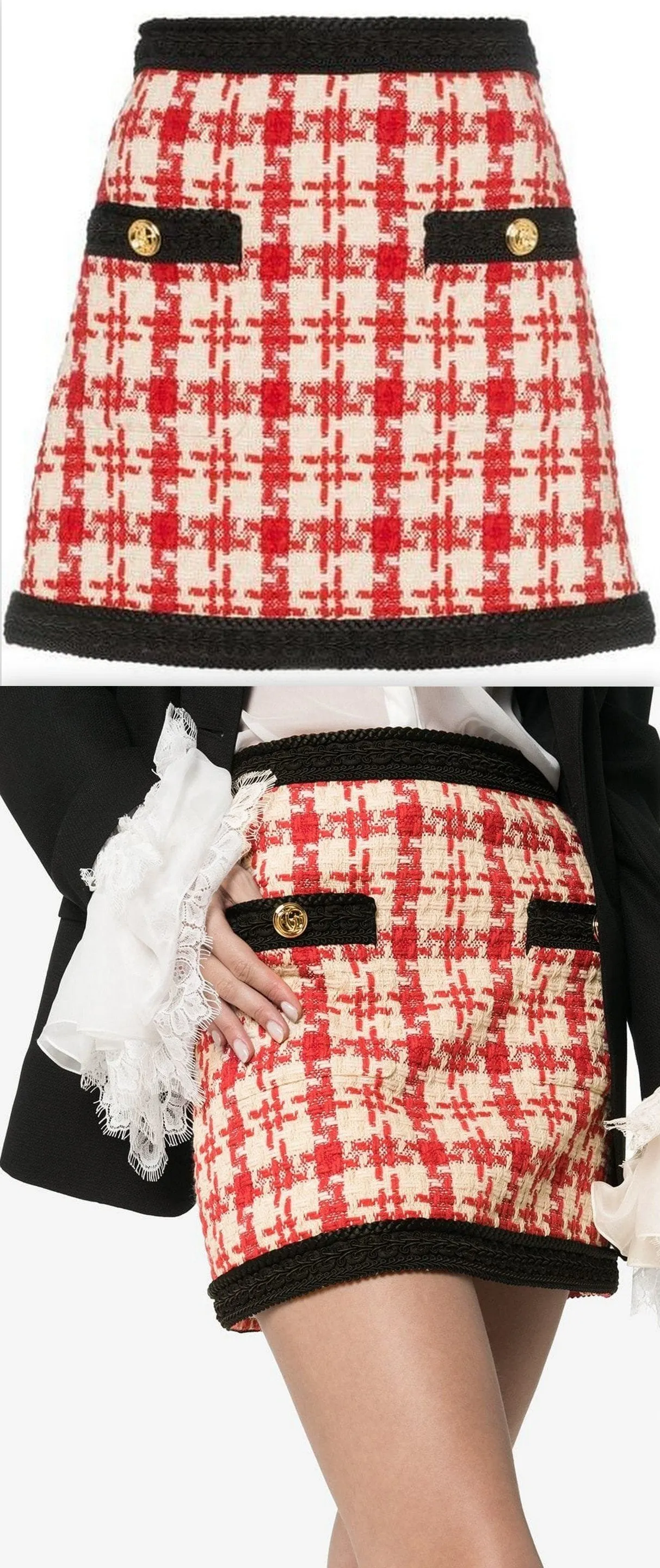 Houndstooth Print Mini Skirt, Red