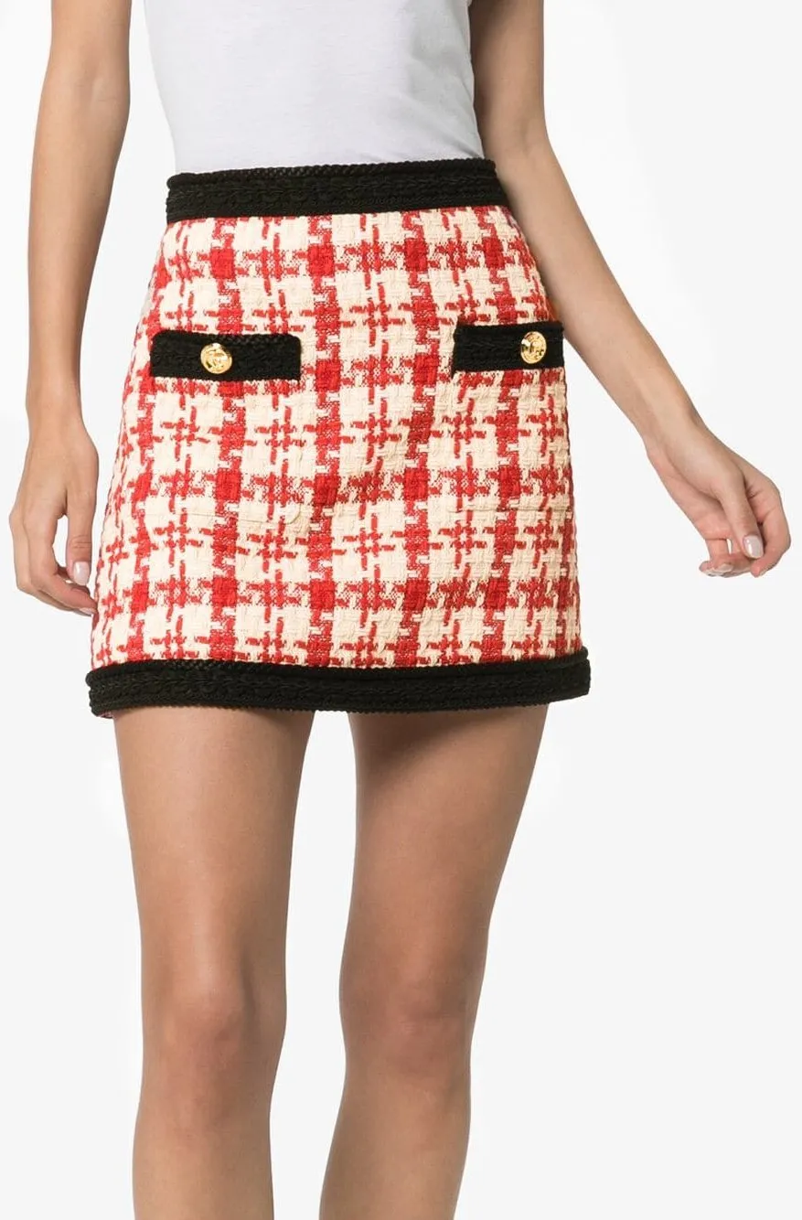 Houndstooth Print Mini Skirt, Red