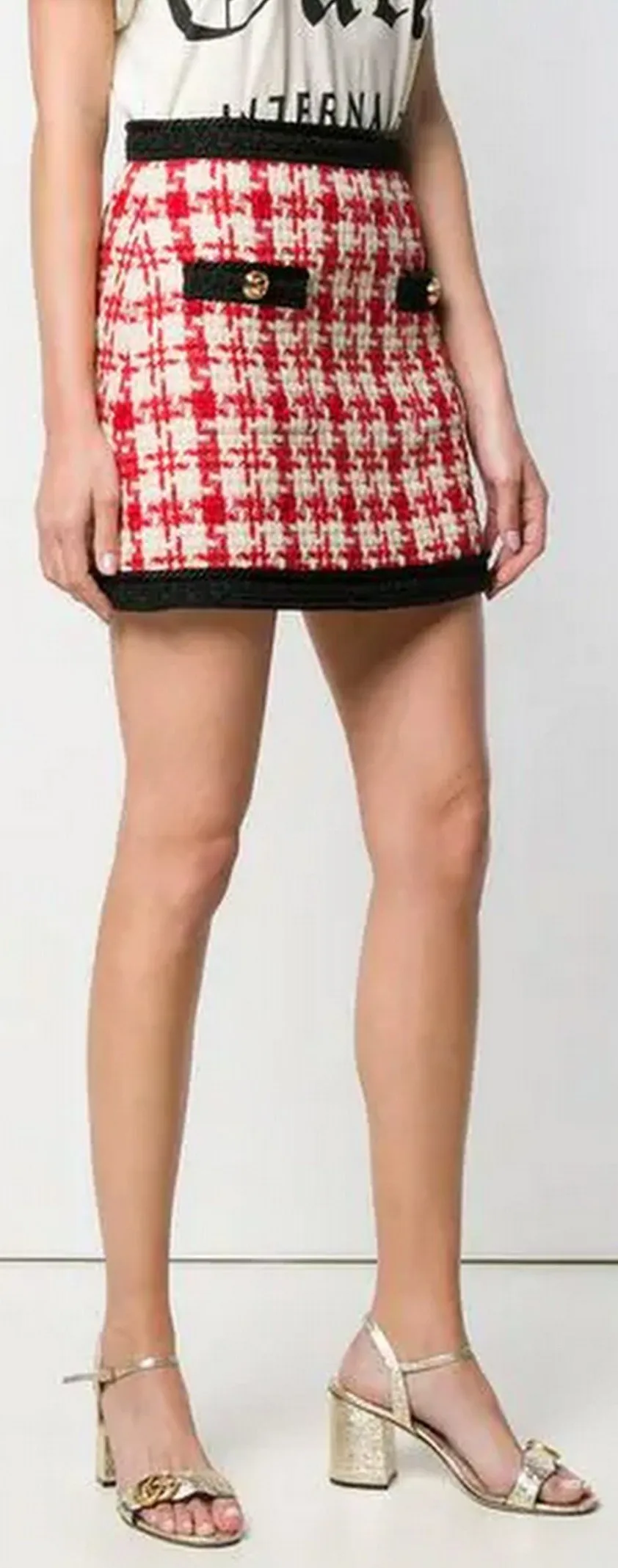 Houndstooth Print Mini Skirt, Red