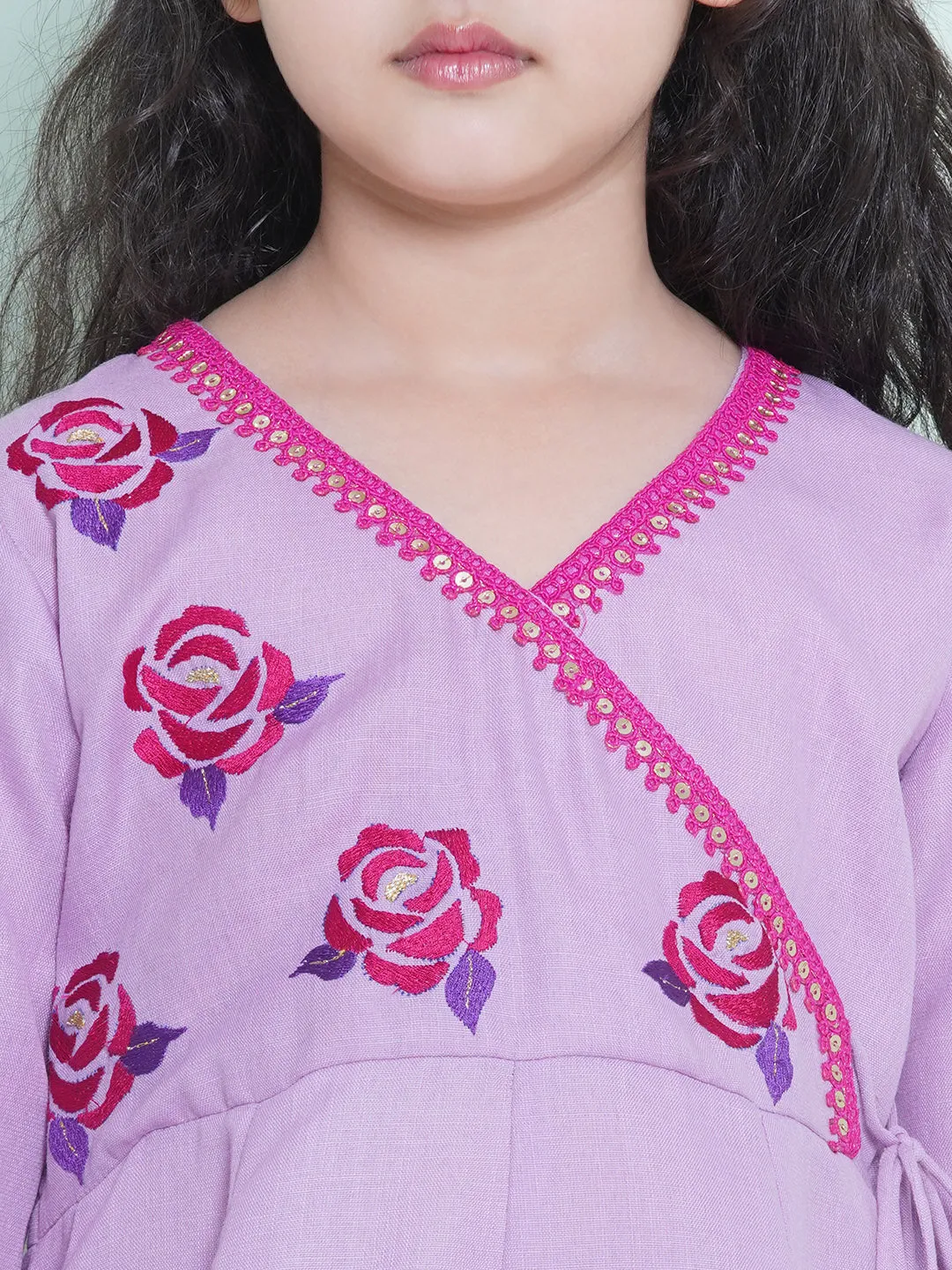 Jashvi Girls Purple Embroidered Angrakha Kurta with Trousers