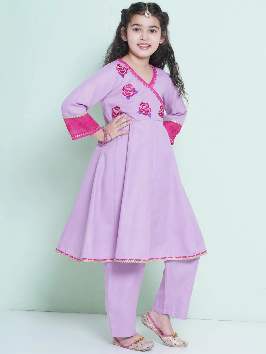 Jashvi Girls Purple Embroidered Angrakha Kurta with Trousers