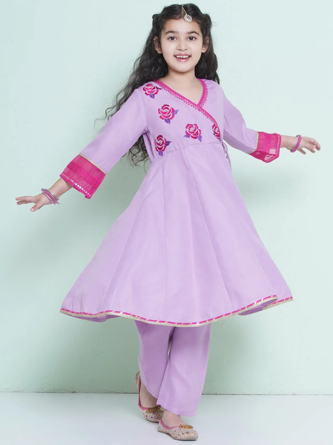 Jashvi Girls Purple Embroidered Angrakha Kurta with Trousers