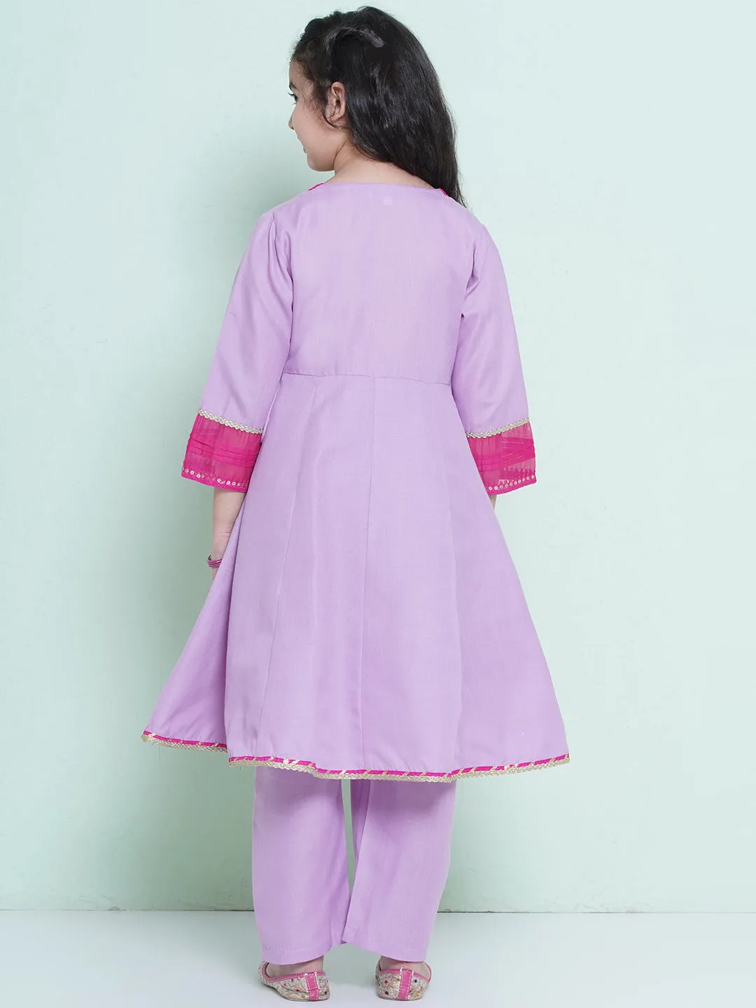 Jashvi Girls Purple Embroidered Angrakha Kurta with Trousers