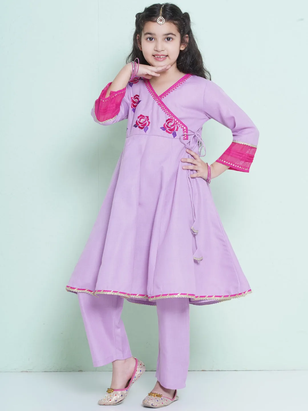 Jashvi Girls Purple Embroidered Angrakha Kurta with Trousers