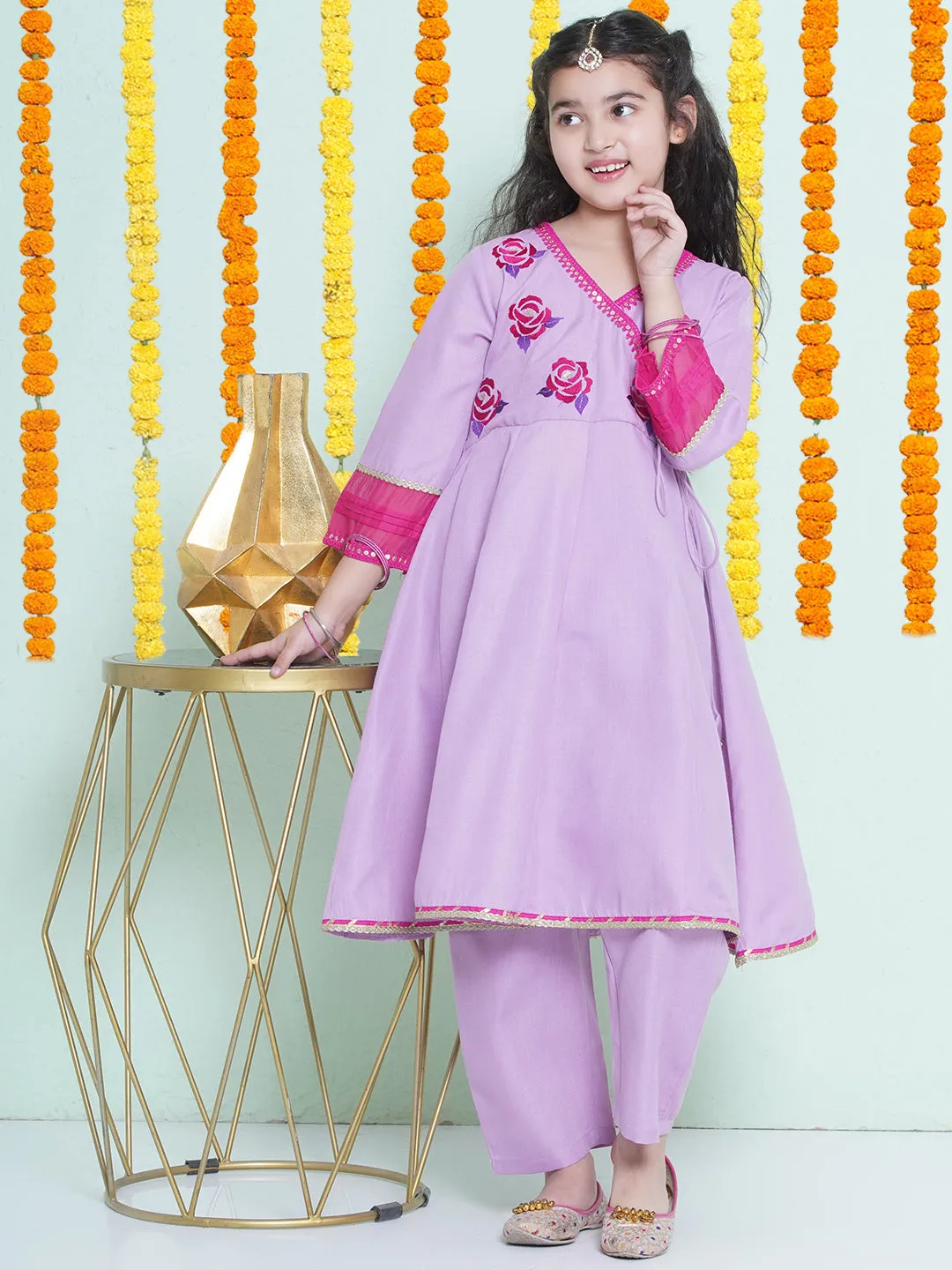 Jashvi Girls Purple Embroidered Angrakha Kurta with Trousers