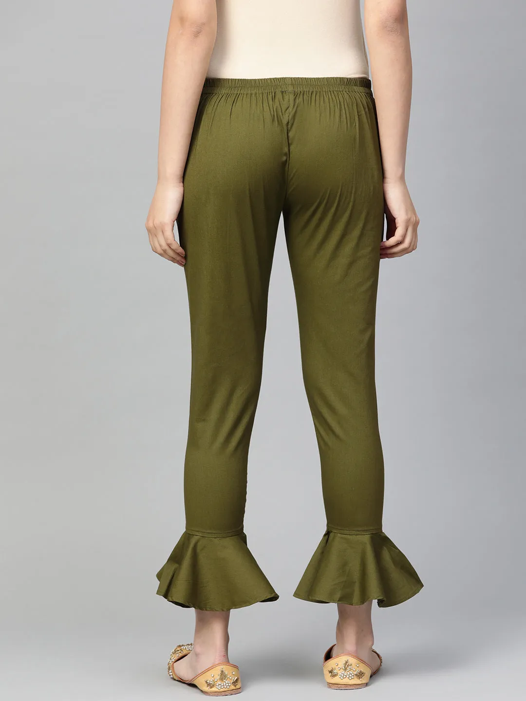 Jashvi Women Olive Green Smart Fit Solid Bottom Flared Trousers