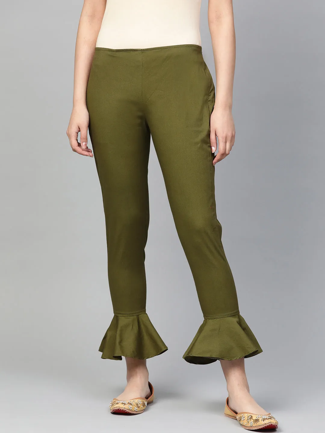 Jashvi Women Olive Green Smart Fit Solid Bottom Flared Trousers