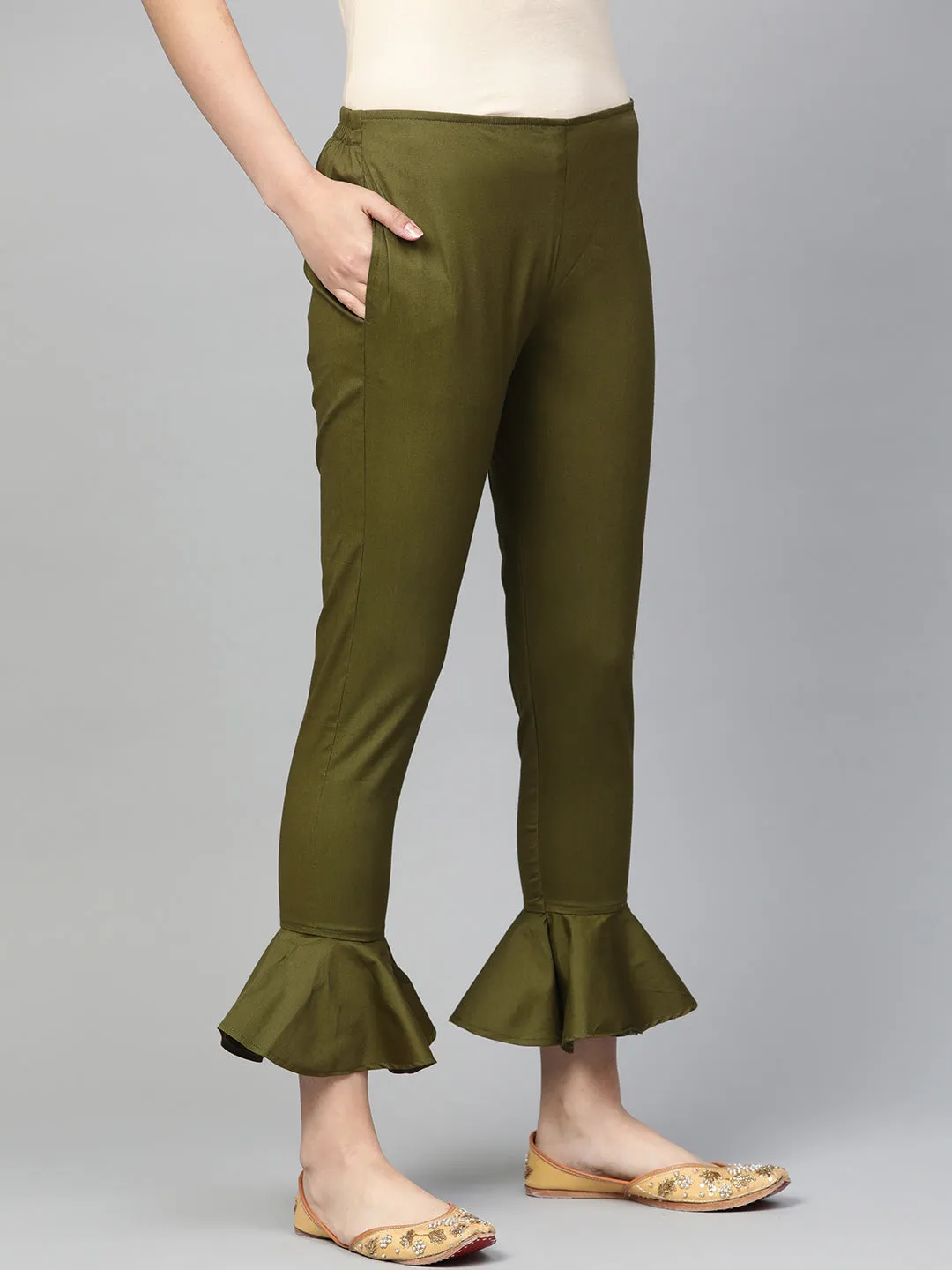 Jashvi Women Olive Green Smart Fit Solid Bottom Flared Trousers