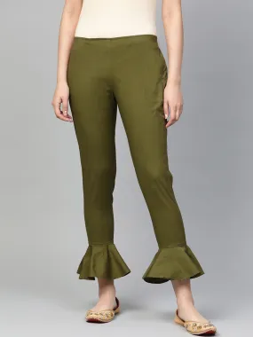 Jashvi Women Olive Green Smart Fit Solid Bottom Flared Trousers