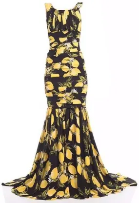 Lemon Print Long Ruched Sleeveless Gown