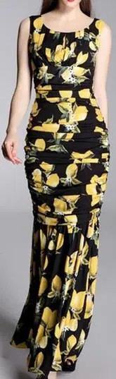 Lemon Print Long Ruched Sleeveless Gown