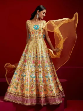 Libas Art Yellow Printed Silk Gown With Dupatta