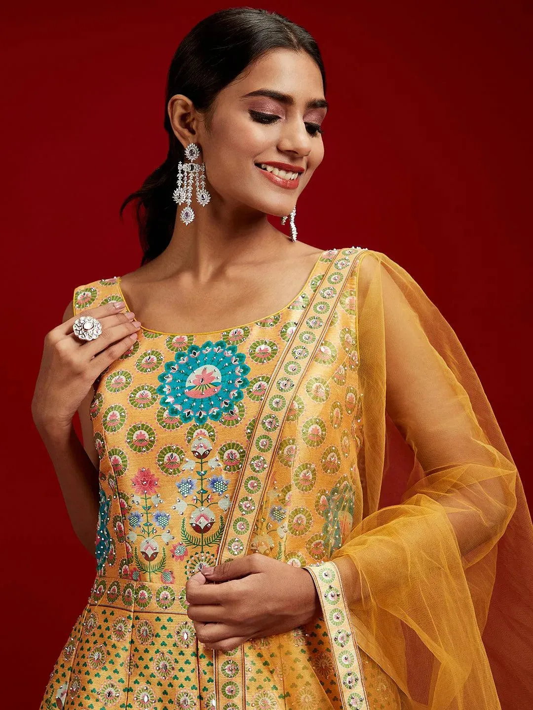 Libas Art Yellow Printed Silk Gown With Dupatta