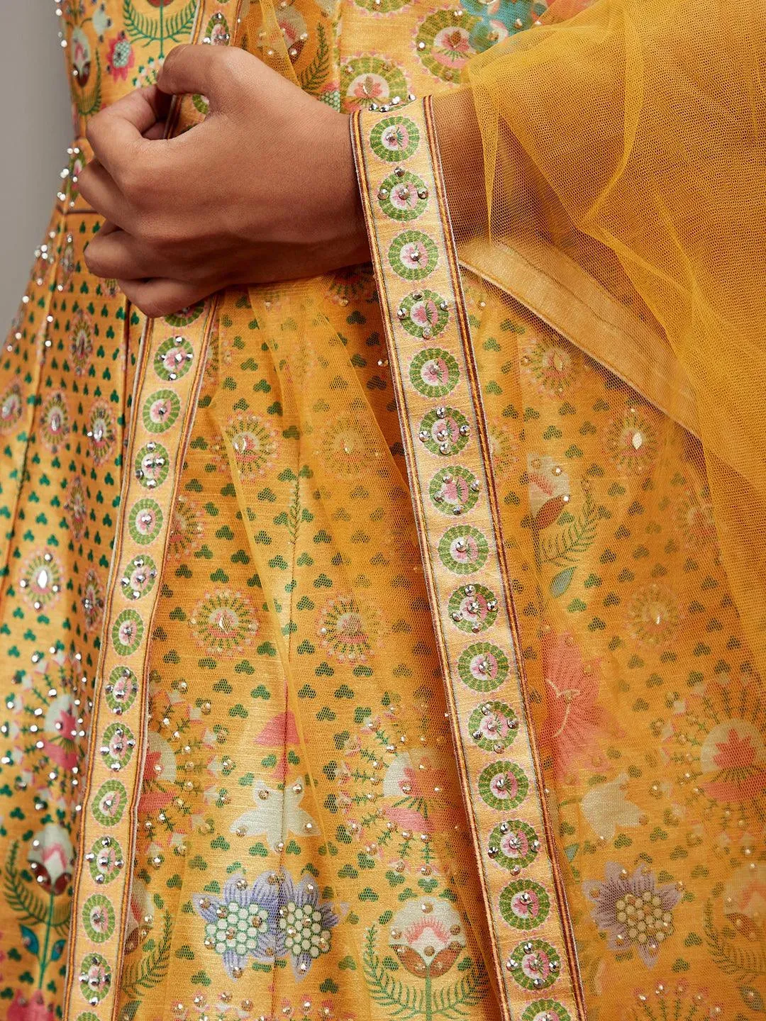 Libas Art Yellow Printed Silk Gown With Dupatta