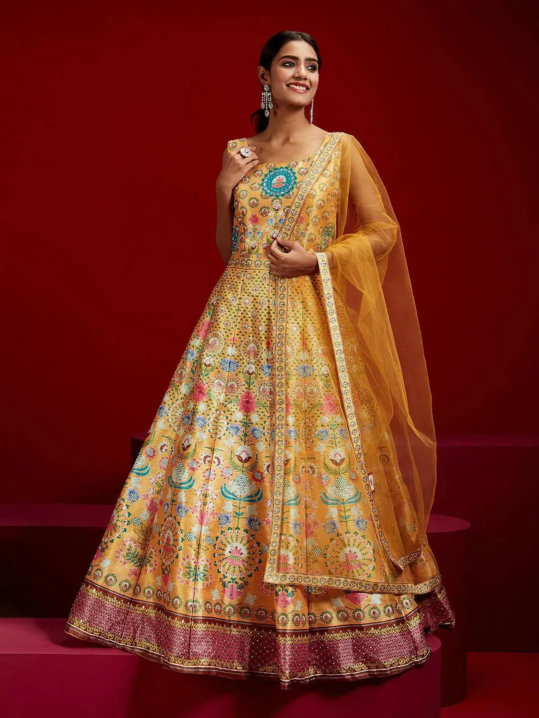 Libas Art Yellow Printed Silk Gown With Dupatta