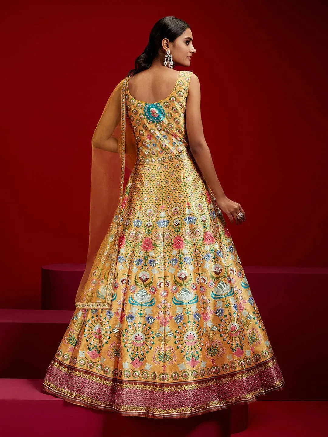 Libas Art Yellow Printed Silk Gown With Dupatta