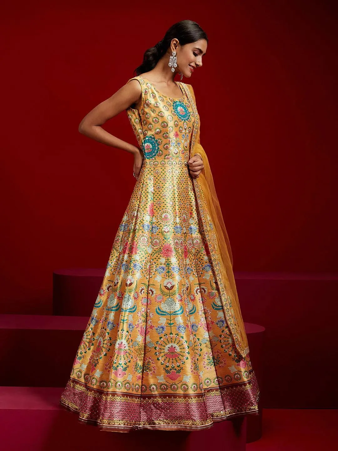 Libas Art Yellow Printed Silk Gown With Dupatta